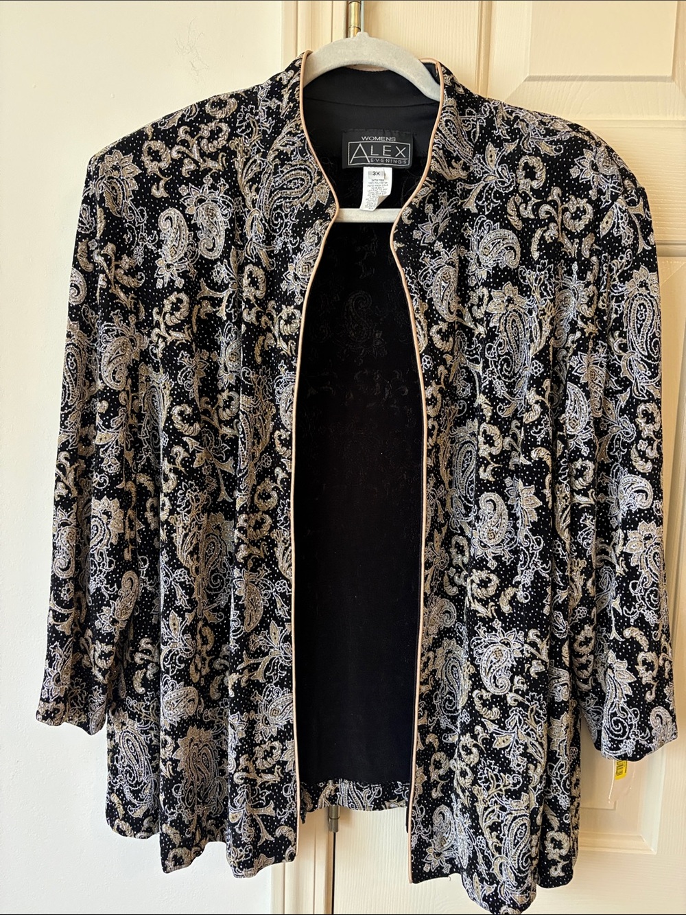 Alex Evenings Black and Silver Paisley Open-Front Jacket